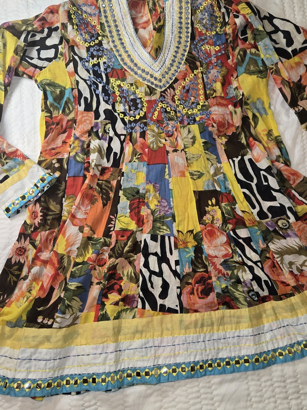 Kareena's Bohemian Patchwork Floral V-Neck Tunic Top - Yellow Multi